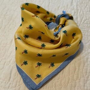 100% Silk Yellow with Blue Border Palm Tree Scarf Square